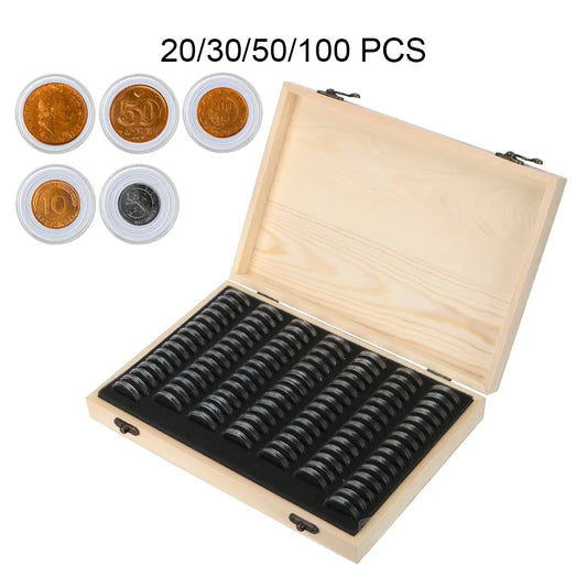 Adjustable Wooden Coin Storage Box with Pads - Commemorative Coin Collection Case for 20/30/50/100 PCS with Holder Capsules