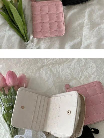 Women’s Small PU Leather Zipper Wallet with Coin Purse – Cute Plaid Mini Korean Card Holder, New Arrival