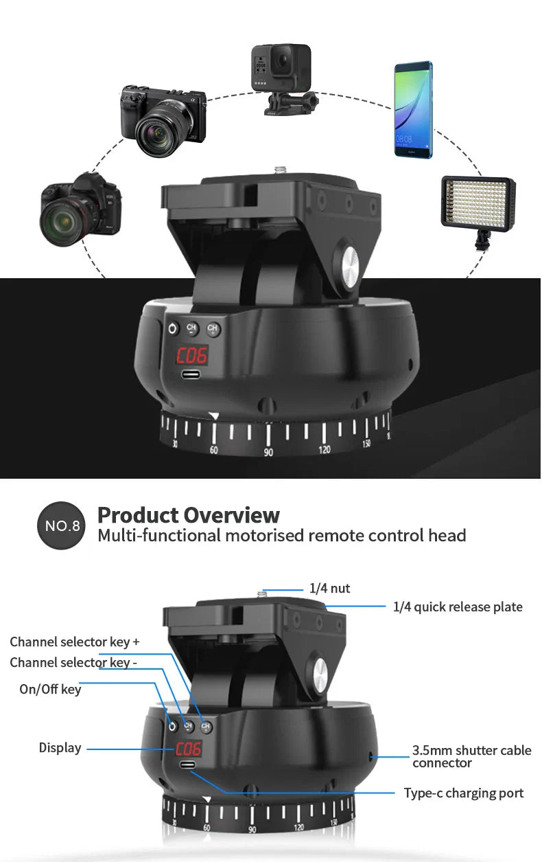 Desiontal YT-1200 Rotation Panoramic Remote Control - Pan Tilt Motorized Tripod Electric Head for Phones & Cameras