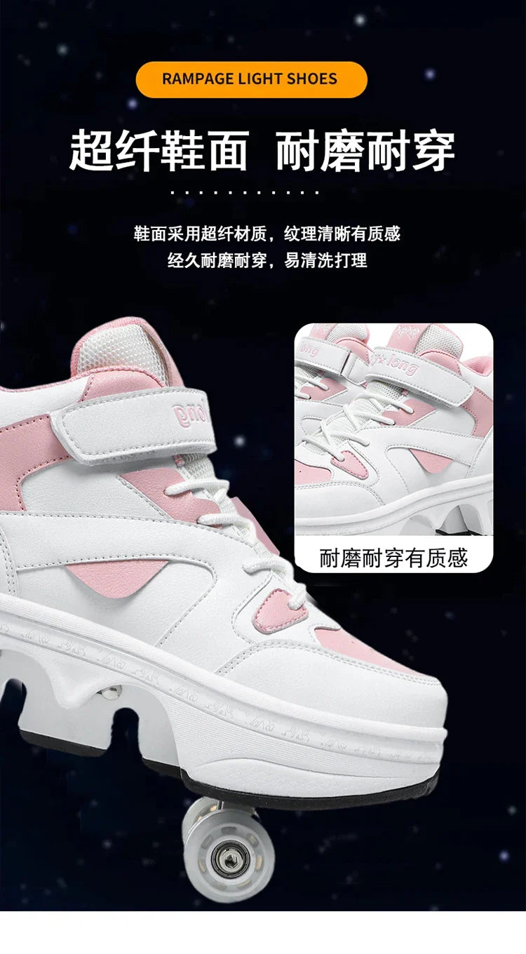 Women's High-Top 4-Wheel Roller Shoes – Fashionable Unisex Pop-Up Sneakers with Wheels, Dual-Purpose Skating & Casual Shoes