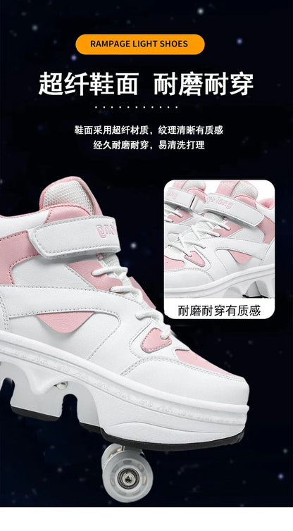 Women's High-Top 4-Wheel Roller Shoes – Fashionable Unisex Pop-Up Sneakers with Wheels, Dual-Purpose Skating & Casual Shoes