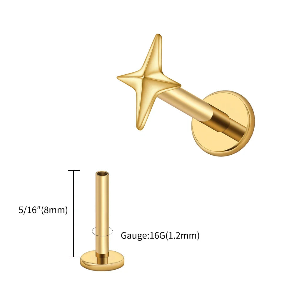 Right Grand ASTM F136 Titanium 16G Four-Pointed Star Cartilage Stud Earring – Helix, Tragus, Flatback Labret & Nose Piercing Jewelry