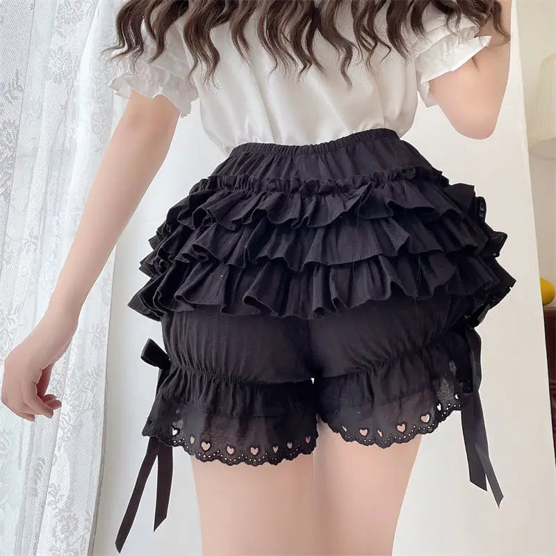 Adorable Vintage Style: Black and White Ruffle Knickers for Women - Kawaii Pumpkin Panties with Cute Lace Bowknot, Lolita Safety Shorts, Vintage Victorian Bloomers