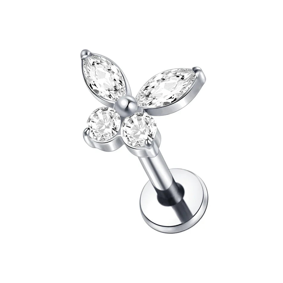 Titanium CZ Tragus & Helix Stud – Internally Threaded Labret Lip Ring Piercing Earring (1PC)