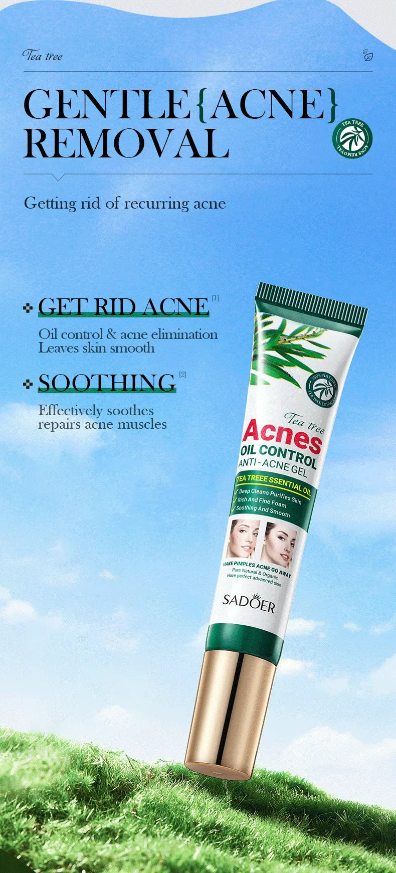 SADOER Tea Tree Acne Cream – Oil Control, Hydrating & Moisturizing Facial Skincare Gel