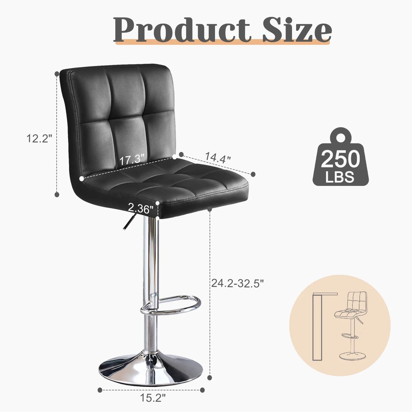 PU Leather Bar Stools Set of 2 – Upholstered Counter Height Stools with Comfortable Backrest, SGS Certified Gas Cylinder