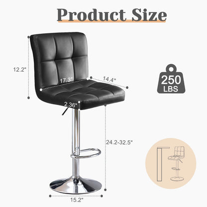 PU Leather Bar Stools Set of 2 – Upholstered Counter Height Stools with Comfortable Backrest, SGS Certified Gas Cylinder