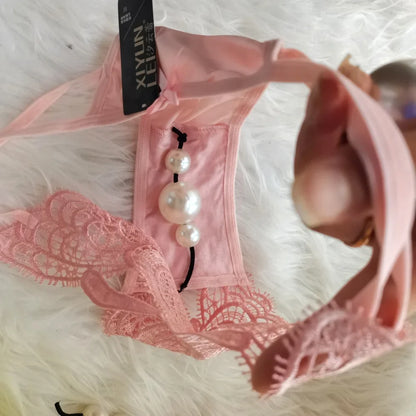 Women’s Lace Embroidered Thong Panties – Beaded Faux Pearl Design T-Back G-String Underwear, Hollow Out Sexy Lingerie Intimates