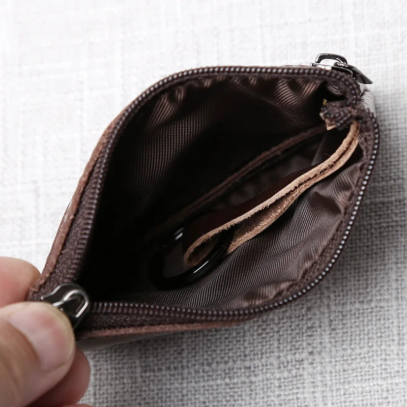 Leather Mini Coin Purse – Unisex Retro Handmade Cowhide Small Wallet with Zipper & Key Case