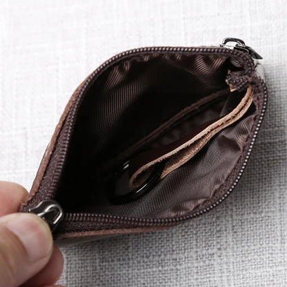 Leather Mini Coin Purse – Unisex Retro Handmade Cowhide Small Wallet with Zipper & Key Case