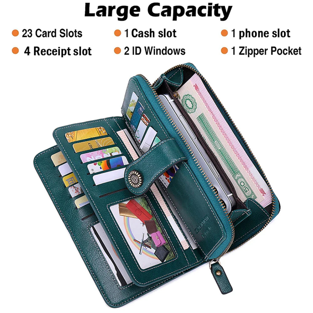 RFID Anti-Theft Retro Large Capacity Women's Wallet – Multi-Card Zipper Wallet with Wrist Strap