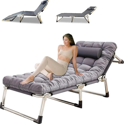 Portable Folding Camping Cot – Reclining Lounge Chair with Pillow & Mattress, 500lb Capacity for Adults