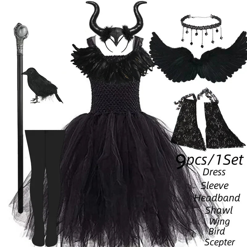 Girls’ Evil Queen Tutu Dress - Handmade Black Mesh Princess Halloween Cosplay Costume