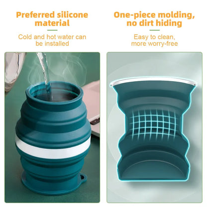 Portable Silicone Foldable Cup – Heat Resistant Collapsible with Lanyard – Lid and Folding Storage Travel Mug for Hot Water