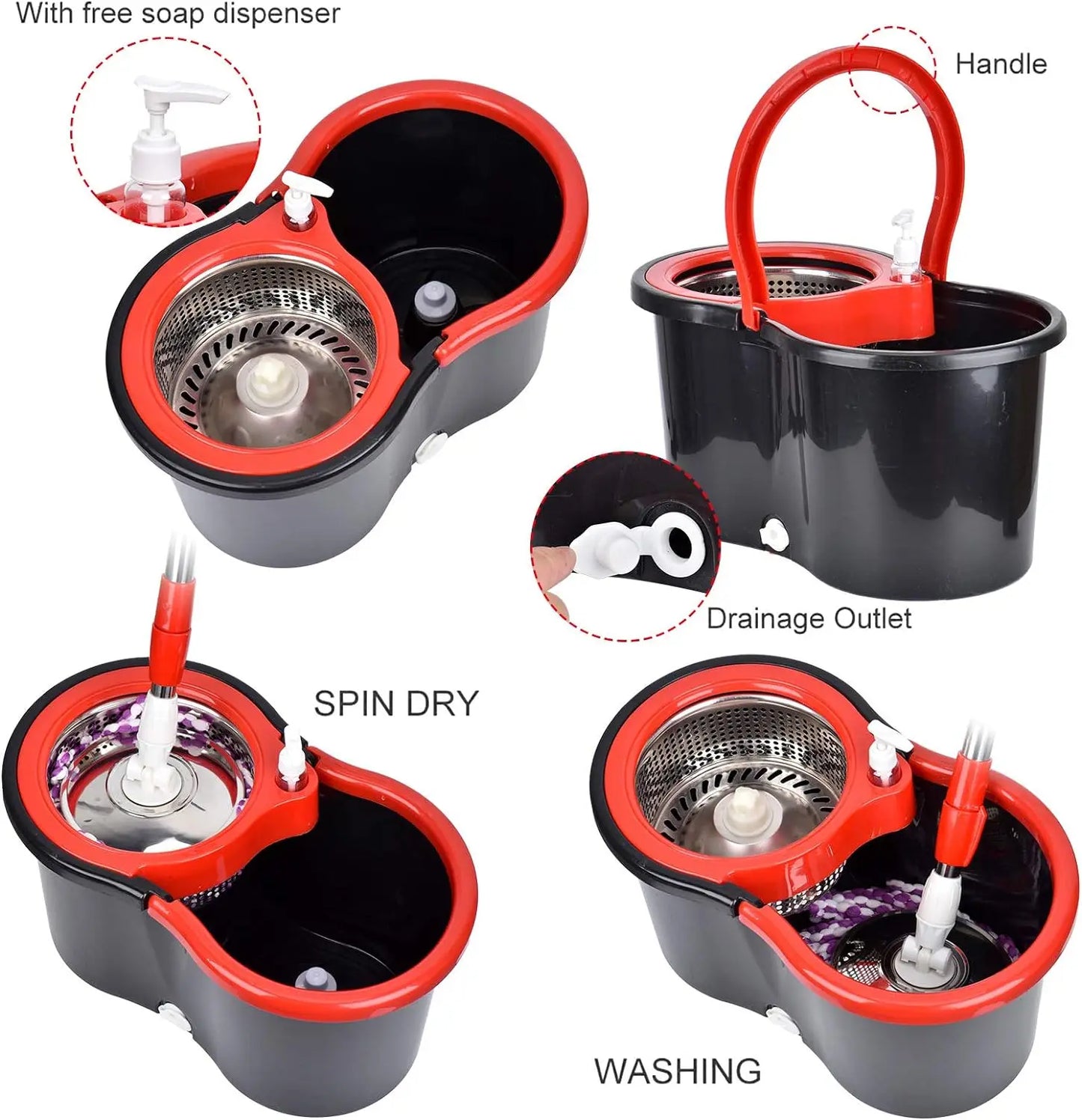 360° Spin Mop Bucket Set – Wring System with 3 Microfiber Heads, Stainless Steel Basket & 61" Extended Handle for Floor Cleaning