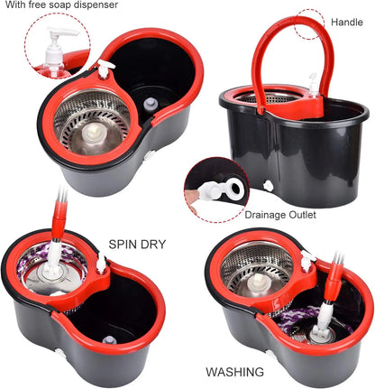 360° Spin Mop Bucket Set – Wring System with 3 Microfiber Heads, Stainless Steel Basket & 61" Extended Handle for Floor Cleaning