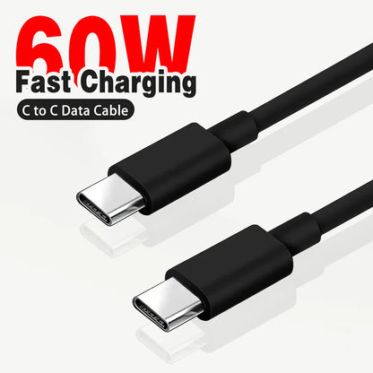 PD 60W USB-C to USB Type-C Fast Charge Data Cable – Compatible with iPhone 15, Huawei, Samsung, Xiaomi, 1M/2M/3M in Black & White