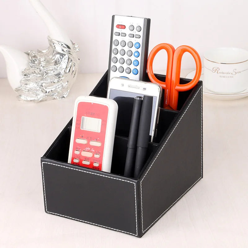 5-Grid PU Leather Desk Organizer: Remote Control and Phone Holder with TV Holder and Cosmetic Brush Storage Box