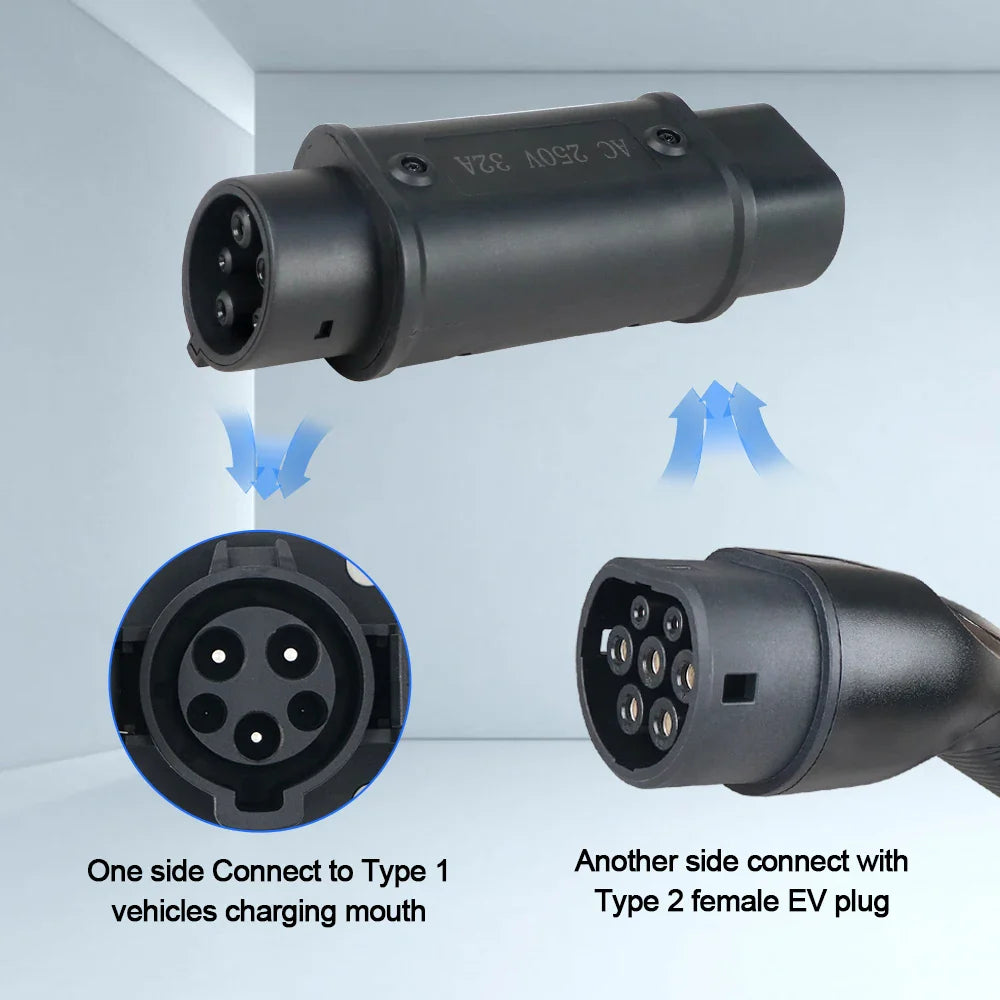 Kolanky Type2 to Type1 EV Charger Adapter – IEC 62196, 16A/32A J1772 Converter for Electric Vehicle Charging Connector