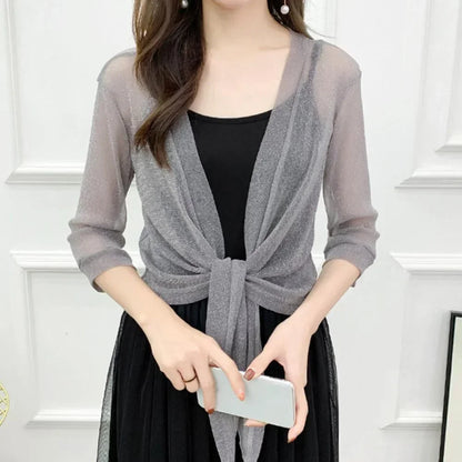 Sheer Glitter Lace-up Cardigan: Women's Half Sleeve Lightweight Summer Jacket - See-Through Loose Blouse
