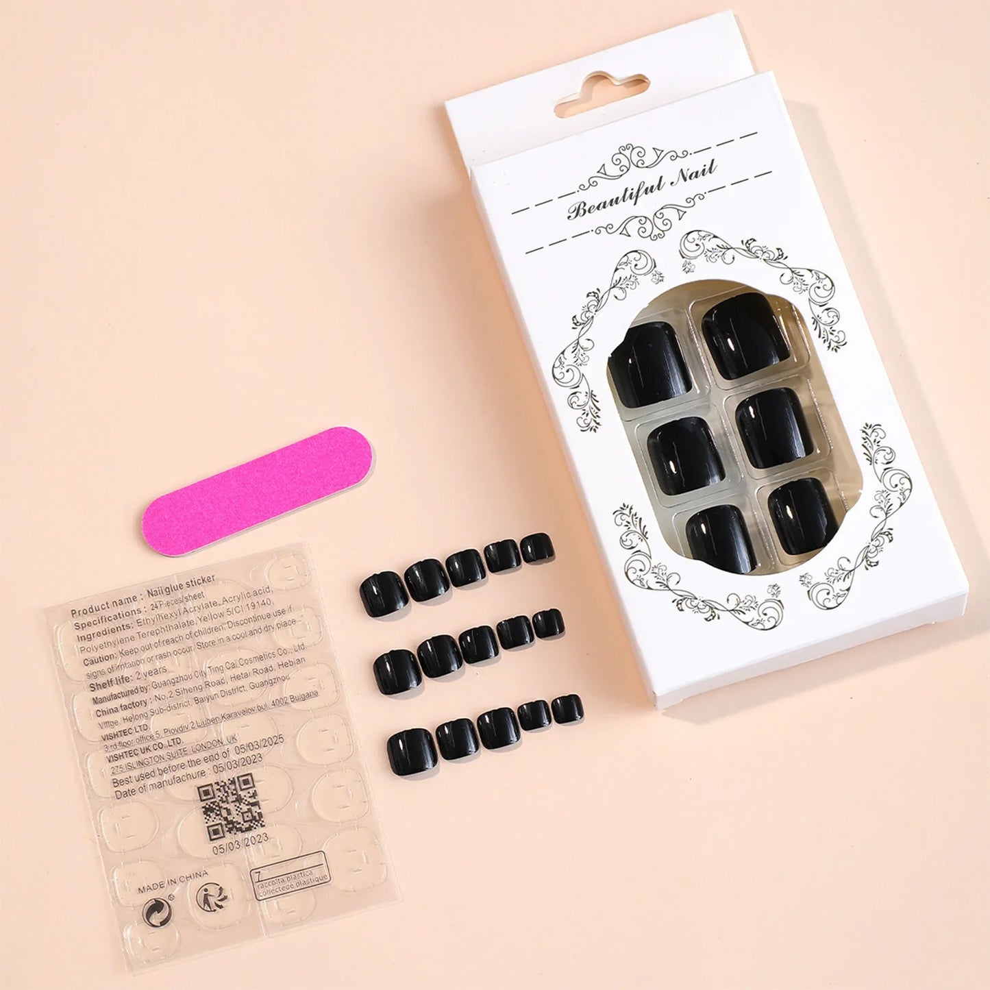 24pcs Black Glossy Press-On Toenails – Full-Cover Square Fake Nails for Women & Girls