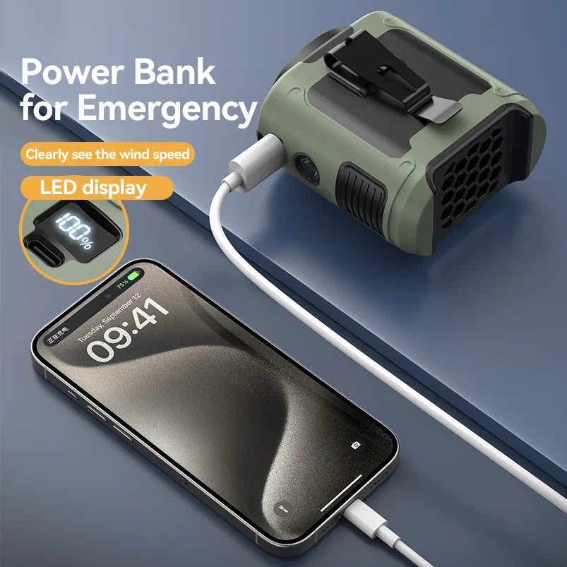 20000mAh Outdoor Portable Waist Fan - Hanging Neck Fan with Strong Wind, Power Bank & LED Lighting for Sports & Outdoor Work