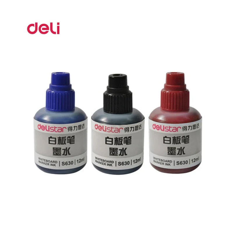 Deli Erasable Whiteboard Marker Pen Set – Dry Erase Office Marker with Ink Bottle, Blue/Black/Red for Whiteboard & Blackboard