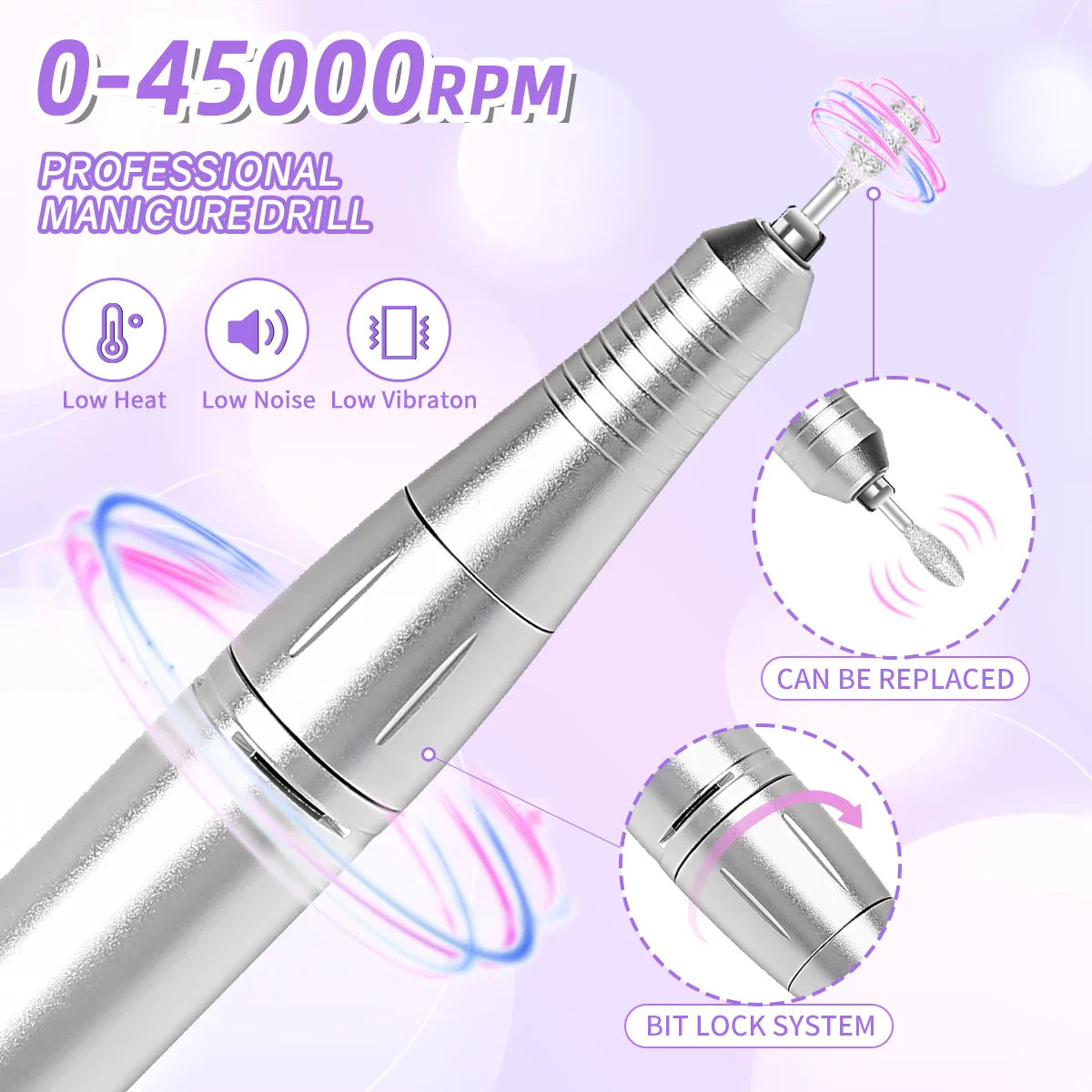 45000RPM Portable Rechargeable Nail Drill Machine – Low Noise Nail Sander & File for Manicure Salon Use