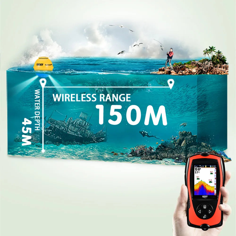 Lucky Sonar Fish Finder FF1108-1CWLA – Rechargeable Wireless Sensor, 45M Depth Echo Sounder for Portable Fishing