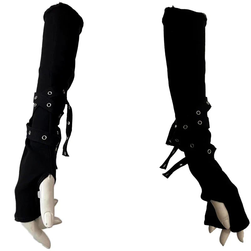 Women’s Punk Rivet Fingerless Gloves – Gothic Hip Hop Half Finger Wrist Mittens with Eyelet Ribbon, Harajuku Party & Streetwear Elbow Gloves