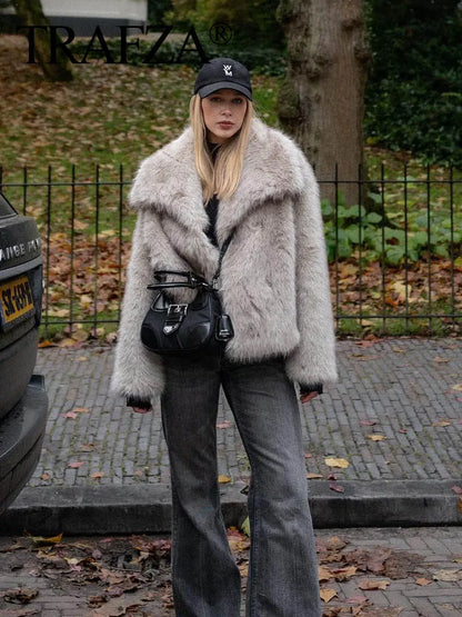 TRAF 2024 Women's Cropped Faux Fur Jacket – Chic Lapel Collar, Long Sleeve, Front Snap-Button Thick Coat
