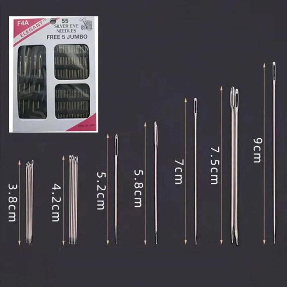 55 Piece Stainless Steel Sewing Needle Set - Big Eye Needles in Various Sizes for Needlework, Embroidery, and Sewing