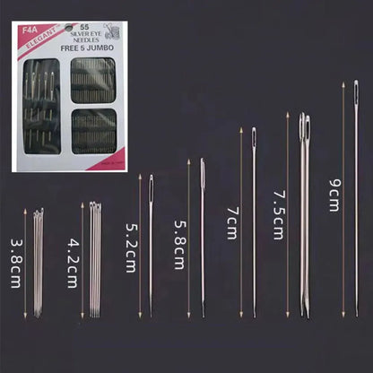 55 Piece Stainless Steel Sewing Needle Set - Big Eye Needles in Various Sizes for Needlework, Embroidery, and Sewing