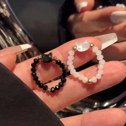 Natural Moonstone Obsidian Cat Rings - Minimalist Beaded Fidget Rings Black & White Couple Jewelry for Women & Men Party Accessories