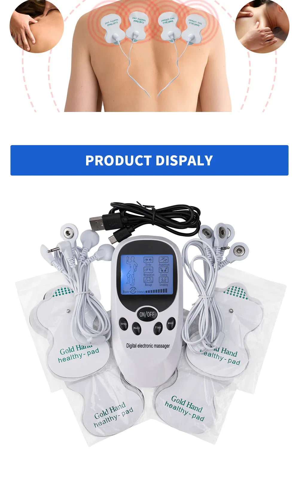 Digital TENS EMS Massager — Electric Pulse Muscle Stimulator with Electrode Pads for Back and Neck, Home Use