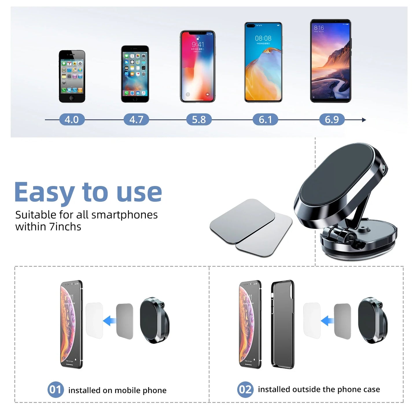 Magnetic Car Phone Holder - Foldable 360-Degree Rotatable Dashboard Stand for Navigation, Car Accessories