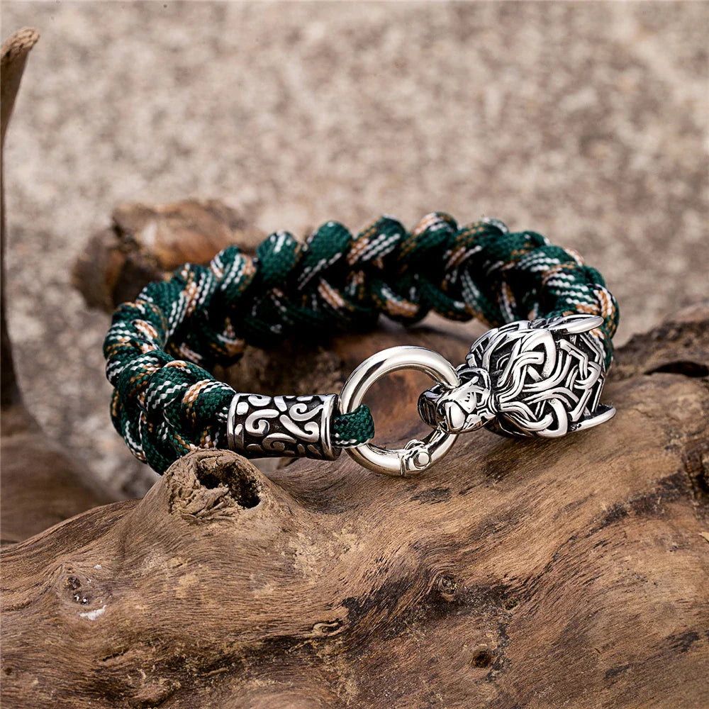 Vintage Norse Runes Celtic Wolf Survival Rope Bracelet - Handmade Stainless Steel Wristband for Men, Vikings Jewelry