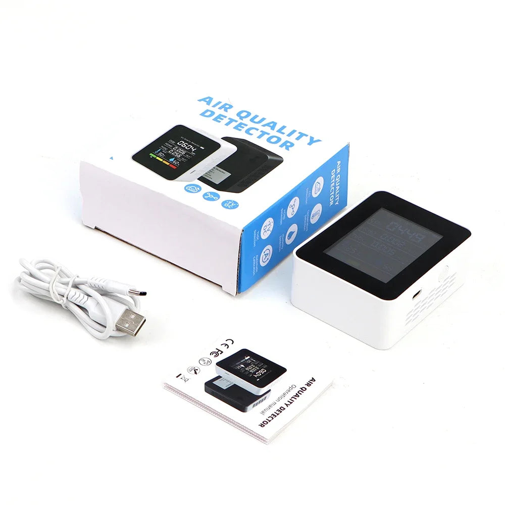 5-in-1 Digital Air Quality Monitor – CO2, HCHO, TVOC, Humidity & Temperature Tester with LCD and Rechargeable Battery