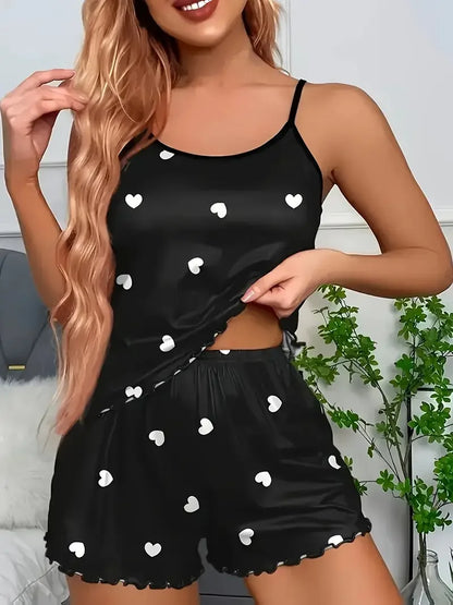 Women’s Heart Print Pajama Set - Two Piece Suspender Top & Shorts Casual Sleepwear Loungewear