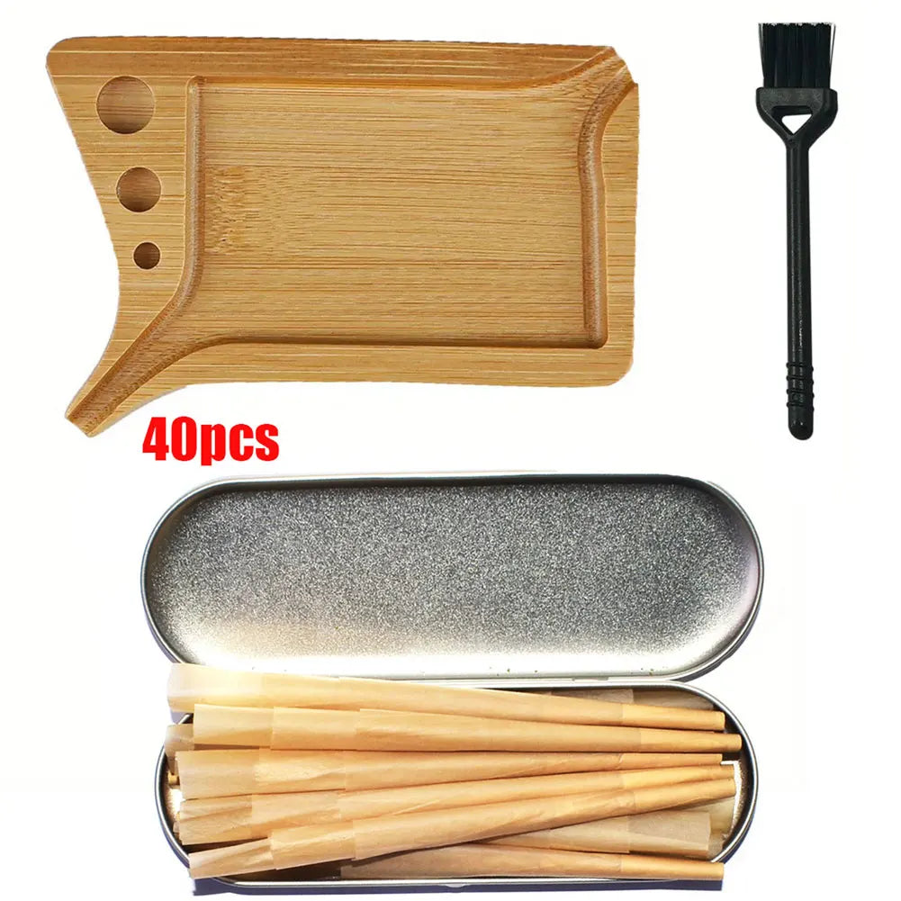 Bamboo Wood Herb & Tobacco Rolling Tray Set – Cleaning Brush, Pre-Roll Smoke Roller, Multipurpose Accessories