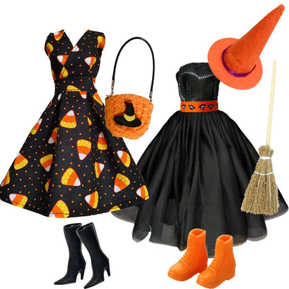 1/6 Doll Halloween Cosplay Outfit – Witch Dress, Cap, Belt, Bag & Broom for 12" BJD / 30cm Dolls