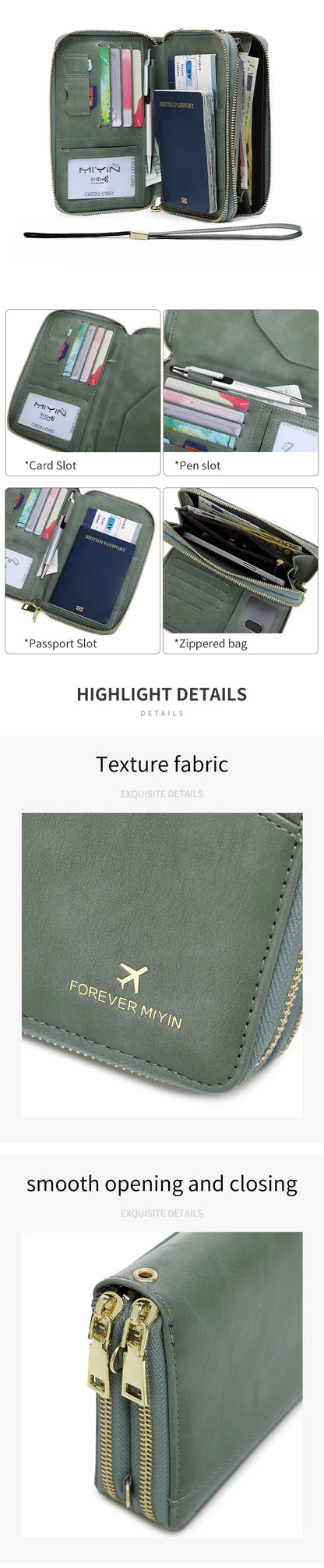 New Travel Passport Wallet – Fashionable Multi-Functional Double Zipper PU Leather Passport Cover with Clip