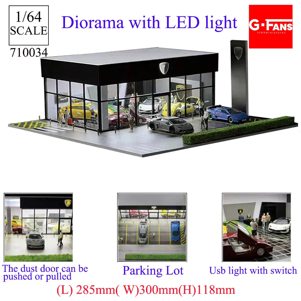 GFans 1:64 Scale Diorama Car Garage Model – LED Lighted Parking Lot DIY City Set for Collection & Display Gifts