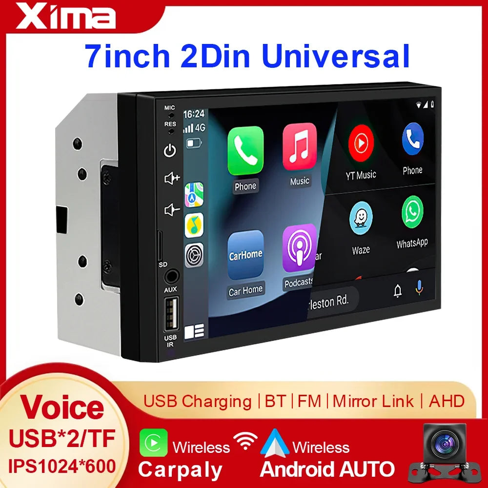 XIMA 7-Inch 2DIN Android Car Radio - Touchscreen MP5, CarPlay, Bluetooth, FM, USB & Camera