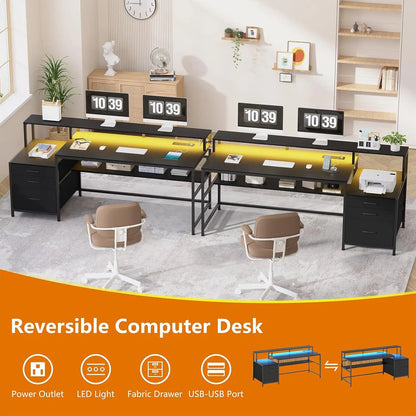 66" Computer Desk with LED Lights & Power Outlets – Home Office Desk with 3 Drawers, Storage Shelf & Gaming Desk