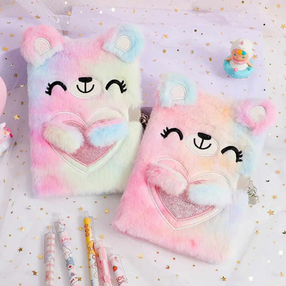 Cartoon Bear Plush Lock Notebook A5 Tie-Dye Diary Journal for Girls – Cute Stationery Gift