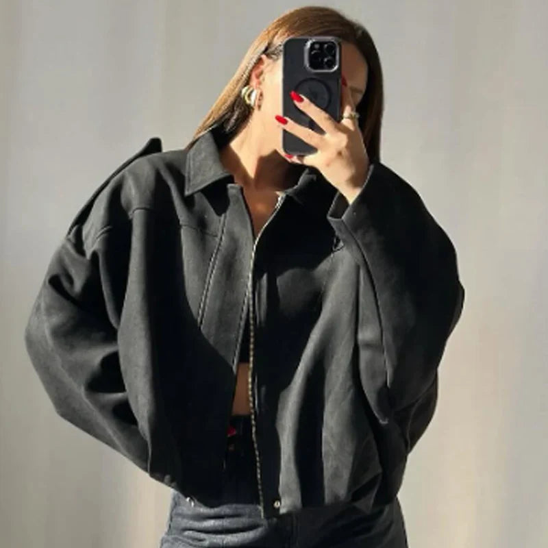 HXAO Women's Oversized Suede Cropped Bomber Jacket – Casual Batwing Sleeve Streetwear Coat