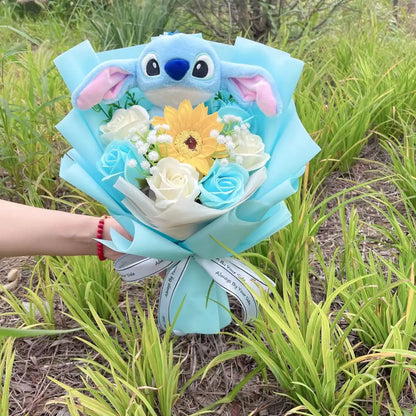 Cartoon Stitch Plush Doll with Flowers – Handmade Stuffed Animal Bouquet for Valentine’s, Christmas & Graduation Gifts