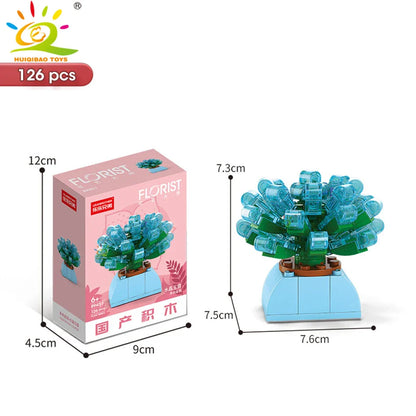 HUIQIBAO MOC Flower & Succulent Potted Building Block Set – DIY Eternal Bouquet, Home Desk Plant Decor, Girls & Kids Toy Gift