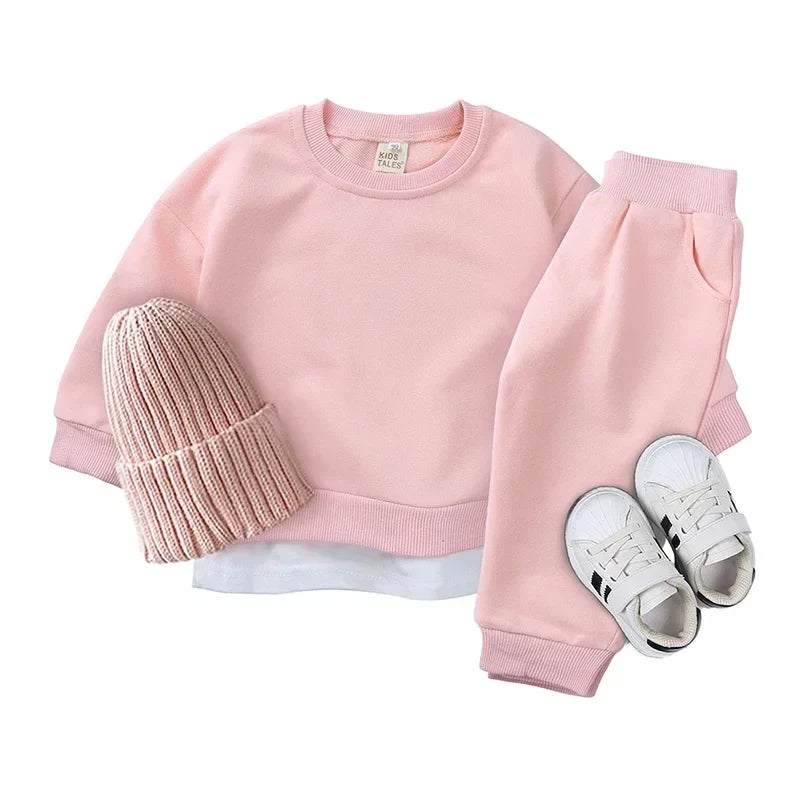 2PCS Kids Clothes Set for 1-7Y - Solid Cotton Pullover Sweatshirt & Pants, Long Sleeve Autumn Outfits for Boys & Girls